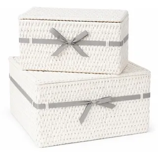 DRULINE 2tlg. Korbset - Aufbewahrungskorb mit Deckel - Rattanbox -Aufbewahrungsbox mit Deckel - Korbgeflecht weiß/Stoffschleife grau – B/H/T ca. 20/25 x 15/18 x 20/25 cm