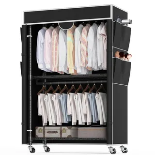 Himimi Kleiderständer mit Abdeckung Schwerlast Kleiderständer auf Rollen und Ablage Höhenverstellbar Stabil Metall Kleiderstange mit 2 Kleiderstangen und 4 Seitentaschen 90 * 45 * 205cm Schwarz