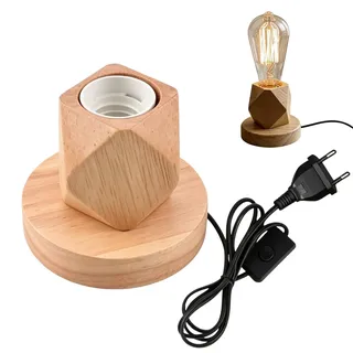 BAIFULAI Tischlampe Holz, E27 60W Nachttischlampe Holzfuß, Diamant Mini Tischleuchte mit Holzsockel &Kabelschalter, Retro, EU-Plug, für Schlafzimmer, Wohnzimmer oder Büro (ohne Glühbirne)