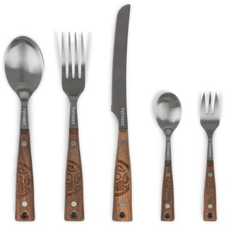 Petromax Campingbesteck - Messer, Gabel, Esslöffel, Teelöffel und Snack-Gabel - 5-teiliges Camping-Besteckset mit durchgehendem Kern aus Edelstahl und Holzgriff
