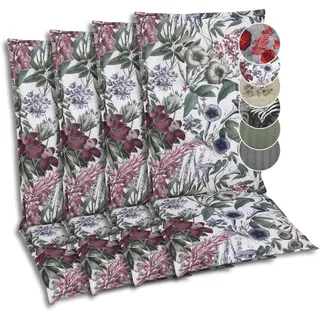 GO-DE Textil Bequeme und attraktive Polsterauflagen für Hochlehner-Gartenstühle (4er-Set, Blätter und Blüten Natur/grün, Hochlehner)