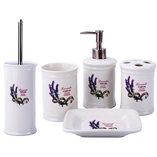 GMMH Landhaus Vintage BADSET Lavendel Badezimmer ZUBEHÖR Set SEIFENSPENDER WC BÜRSTE Keramik (5 er Set)