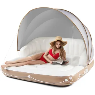 GOPLUS Badeinsel aufblasbar xxl, 180x180cm aufblasbare Lounge mit verstellbarem Sonnendach, Rückenlehne & Getränkehalter, Pool Luftmatratze Erwachsene, Groß Schwimmbett für Party Strand Hinterhof
