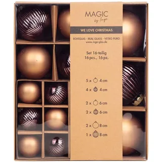 INGE-GLAS Weihnachtskugeln 16 STK 4,6,8 cm | Sortiment mit Rillen Strukturkugeln | Dekorative Christbaumkugeln (Elegant Lounge | braun)
