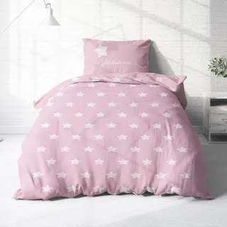 Dobnig Träumschön Biber Bettwäsche Set 2tlg 135x200 cm + 80x80 cm – Flauschige Blumen Bettwäsche Rosa – Weiche Winterbettwäsche mit Sternen - Atmungsaktiv, Warm & Hautfreundlich - 100% Baumwolle