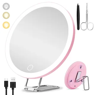 30-fach Vergrößernder Kosmetikspiegel Mit Beleuchtung, 3 Farbmodi, Dimmbar, Großer, Wiederaufladbarer Reise-vergrößerungsspiegel Mit 3 Saugnäpfen Und 360°-tischständer, Pink