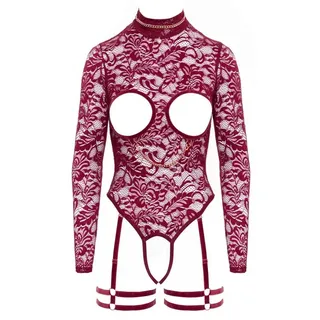 Abierta Fina Stringbody Ouvert Spitzen-Body mit Ketten - rot (1-tlg) Roségoldfarbene Schmuckketten abnehmbar rot S