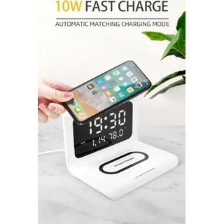 2in1 kabelloses Ladegerät + Uhr mit Wecker - weiß - Weiß