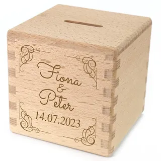 Elefantasie Spardose mit Namen graviert Sparwüfel zur Geburt, Hochzeit, Taufe aus Holz Ornament