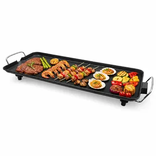 Elektrische Tischgrill Teppanyaki Grillplatte mit Antihaftbeschichtung, BBQ Tischgrill Extragroße Grillfläche mit Ölauffangtülle Elektrogrill 1-6 Personen für Outdoor Camping Hinterhof 68 x 28 cm