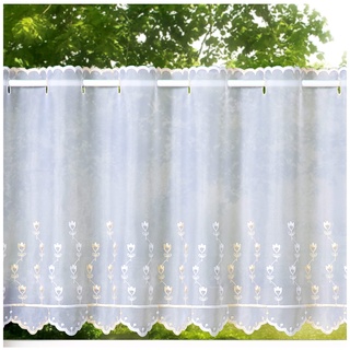 heimtexland ® Scheibengardine Voile Stickerei Tulpe Transparent Deko Gardine Landhaus Bestickt Fensterdekoration BistrogardineTyp818 Weiß - Ecru HxB 60 x 148 cm