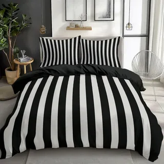 Generisch Schwarze Und Weiße Vertikale Streifen Bettwäsche Set 200 x 220 cm Bettbezug Schwarz Wendebettwäsche, Atmungsaktiv Weich Microfaser Teenager Jugendliche Kinder Bettbezug mit Kissenbezug