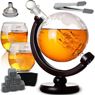 Whisky Karaffe Set, Whiskey Geschenkset, Geschenke für Männer, Globus Dekanter 850ML, Whisky Gläser, Whiskey Steine, Zubehör Retoo - Braun