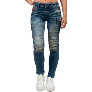 Cipo & Baxx Slim-fit-Jeans Damen Slim Fit Hose Stonewashed BA-WD358 mit modischen Ziernähten & Zier-Reißverschlüssen blau 34