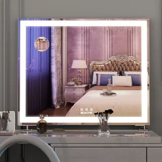 BEAUTME Schminkspiegel mit Beleuchtung, 3 Farbmodi LED, 60x50,7cm, Silber | 10‐fache Vergrößerungsspiegel, stufenlose Helligkeitsanpassung, 3 flexible Montageoptionen für Schminktisch & Wandplatzierung