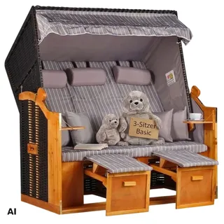 MR.DEKO Strandkorb XXL Ostsee Volllieger Strandkörbe 3-Sitzer 160x80x160cm | wetterfest Grau Royal