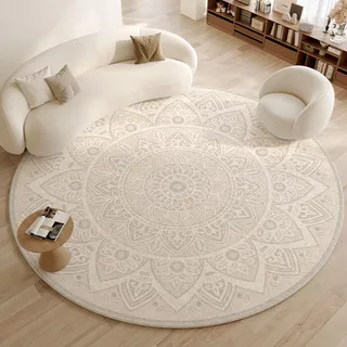 Teppich Rund 140 cm Durchmesser Beige Mandala Waschbarer Rutschfester Teppich,Kinderteppich für Wohnzimmer, Schlafzimmer, Arbeitszimmer, Büro