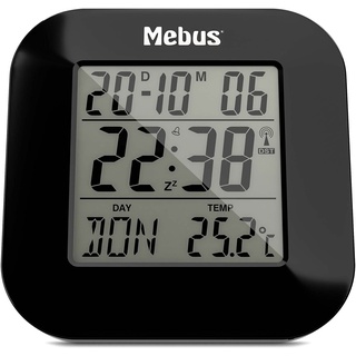 Mebus digitaler Funkwecker mit Thermometer, Datumsanzeige und Beleuchtung, Snooze-Funtion, Material: Kunststoff, Farbe: Schwarz, Modell: 51510, 8 x 8,5 x 1,8 cm