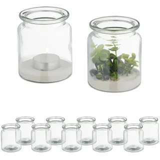 Relaxdays Windlicht, 12er Set, aus Glas, innen & außen, HxD: 9,5 x 8 cm, runde Teelichthalter, Hochzeit, transparent