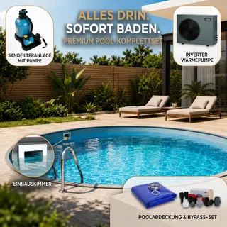 Pool Komplettset Rund 3,50x1,20 m Stahlwand Einbaupool Grau Sandfilter Heizung