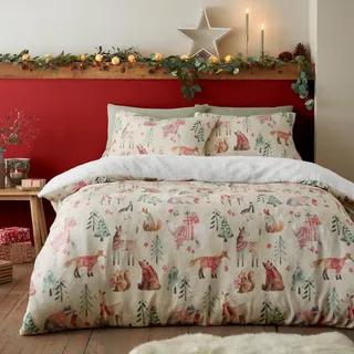 Fusion Teddy-Fleece-Weihnachts-Bettbezug, Super-King-Size-Größe (260 x 220 cm), Weihnachtswaldtiere, Wald-Bettwäsche, Eisbär- und Fuchs-Bettwäsche mit Kissenbezügen, Weihnachts-Fleece-Bett