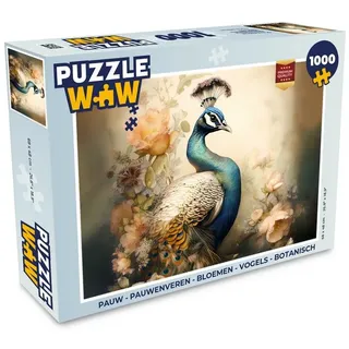 MuchoWow Puzzle Pfau - Pfauenfedern - Blumen - Botanisch, 1000 Puzzleteile, Foto-Puzzle, Bilderrätsel, Puzzlespiele, Klassisch 48 cm x 68 cm x 2 cm | Querformat