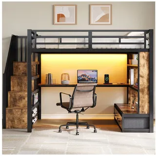 Odikalo Hochbett Kinderbett Jugendbett 140x200 mit Schreibtisch LED & Stauraum (Metall-Hochbett mit Schreibtisch und Regalen, zwei integrierten Schubladen, Treppe mit Stauraum)