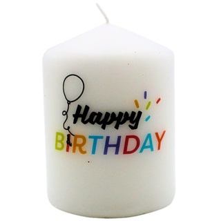 Stumpenkerze, Geburtstagskerze in weiß mit Schriftzug - Happy Birthday -, in schwarz - bunt, Größe: H/Ø ca. 8 x 6 cm