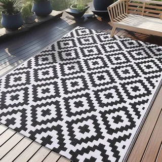 Homaxy Outdoor Teppich Wetterfest, 150x240cm, Schwarz & Weiß | Kunststoff Stroh UV-beständig Wendbar Faltbar Waschbar Balkon Garten Teppich für Terrasse Picknick Camping