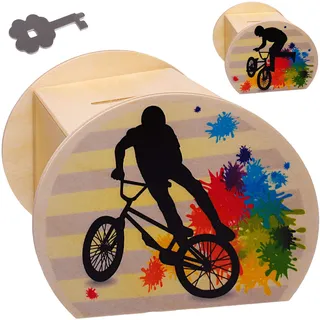 alles-meine.de GmbH große Holz - Spardose - BMX - Fahrrad/Trial Bike - E-Bike - mit Schlüssel & Schloß - stabile Sparbüchse - 11,5 cm - Sparschwein - für Kinder & Erwachsene - ..