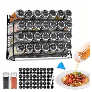 TUWENA Gewürzregal Generisch Gewürzregal Stehend & Wand Gewürz Organizer Küchen Organizer, mit 28 Gewürzgläser & 180 Gewürzetiketten & Trichter-Komplettse schwarz