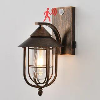 Aussenlampe mit Bewegungsmelder Vintage Schwarz Gold Außenlampe Wand | Außenleuchte mit 3 Beleuchtungsmodi, IP65 Wasserdichte Außenlampe aus Metall Käfig, Lampe mit Bewegungsmelder Aussen