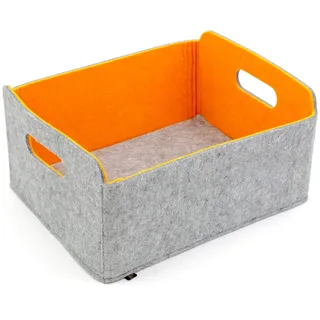 Hochwertiger, faltbarer Aufbewahrungskorb aus edlem, zweifarbigem Filz in graumeliert/orange. Aufbewahrungskorb, Ordnungsbox, Regalbox, Faltbox, Spielzeugkorb, Filzkorb, Briefkorb.