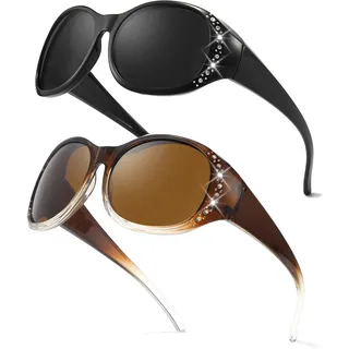 Myiaur 2er Pack Polarisiert Sonnenbrille für Brillenträger Damen UV Schutz mit Glitzerndem Rahmen Überzieh Sonnenbrille für Autofahren - S
