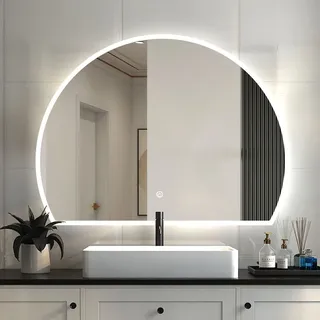 Badspiegel mit Beleuchtung 100×80cm Halbrund 3 Lichfarbe dimmbar Memory Wand/Touchschalter Anti-Beschlag Badezimmerspiegel Spiegel Warm/Neutral/Ka... - Silber