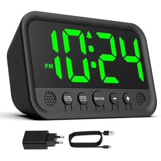 Digitaler Wecker Mit Grüner Led-beleuchtung Fürs Schlafzimmer, Ideal Für Tiefschläfer, Lautstärke Einstellbar, Schlummerfunktion, 12/24-stunden-anzeige