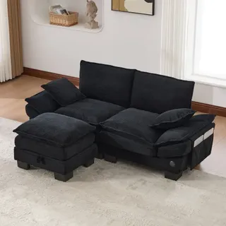 Modulares 2-sitzer Cordsofa (mit Hocker) – Breite Sitzfläche, Ergonomisches Design, Hochdichte Schaumstoffpolsterung, Usb-c-anschluss Und Seitentaschen. Ideal Für Wohnzimmer, Büro Oder Lounge. Schwarz