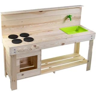 Esschert Design Outdoor Spielküche aus Holz Größe L – robuste Matschküche aus massivem Kiefernholz mit Wasserhahn & Gartenschlauch‐Anschluss – Kinderküche für Garten & Terrasse - 41 x 119 x 89 cm