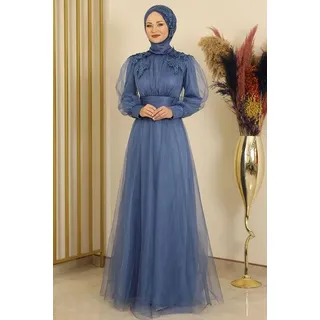 fashionshowcase Tüllkleid Abendkleid mit Blumen Guipure-Details Abiye Abaya - Modest Fashion Maxilänge für besondere Anlässe blau 46(EU 44)
