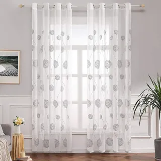 MIULEE Vorhänge mit Florales Stickerei, Gardinen Weiß mit Grau Muste für Wohnzimmer, Schlafzimmer Vorhang Transparent mit Ösen, 2er Set Voile Blumen Durchsichtig Vorhänge, Jeder H 260 X B 140cm
