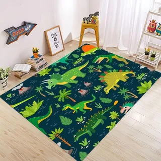 Dinosaurier Gaming Teppich fürs Kinderzimmer, Flanell Anti Rutsch Kinderteppich für Spielzimmer, Deko für Jungen Zimmer, Gamer Räume, Kinderzimmerteppich mit Dino Karikatur Design, 120x180 cm, Color 3