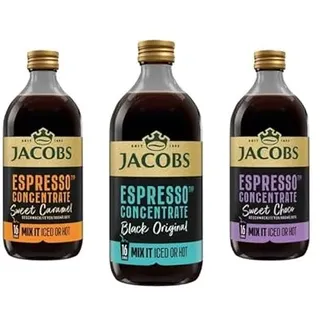 JACOBS Espresso Concentrate, Kaffeekonzentrat, 3 x 485ml, Bündel aus 3 Sorten Black, Caramel & Choco