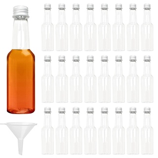 24 Stk Mini Fläschchen, 100ml Fläschchen Plastik, Leere Kleine Schnapsflaschen mit Trichter, Miniaturflaschen mit Deckel, Alkoholflaschen Saucenflaschen für Hochzeiten Partys (Silber Deckel)