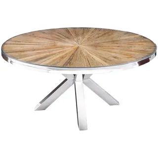 Riess Ambiente Runder Esstisch Barracuda 140cm braun Teak Massivholz Glasplatte Silber Edelstahl verchromt Esszimmertisch Küchentisch