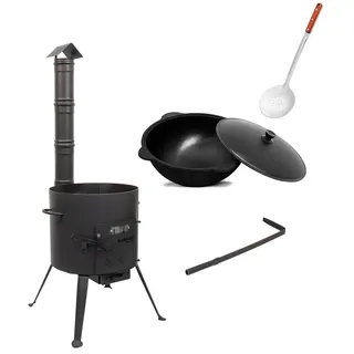SET Kukmara Utschak mit Abzugs-Rohr, 37m + 10 Liter Gusseisen Kazan INNEN GLATT + 47cm Schaumlöffel - Feldküche, Gulaschkessel Feuerkessel Feuer-Ofen Outdoor für Kazan Kasan 10L