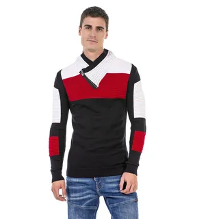 Cipo & Baxx Herren Strickpullover Schalkragen Pullover Sweater Stehkragen Pulli CP248 Dunkelblau-Rot XL - XL
