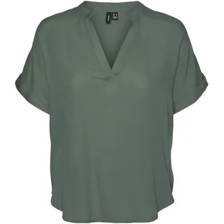 VERO MODA Damen Top Casual Splitneck umgeschlagene Ärmelbündchen Bluse Kurzarm, Farben:Grün-2, Größe:L