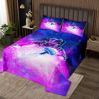 richhome Qualle Tagesdecke 170x210cm,Lila leuchtende Meereskreatur Steppdecke für Jungen Mädchen Bett,Sternengalaxie mit Nebel Kinderzimmer Tagesdecke Bettüberwurf Ultra weich 2St