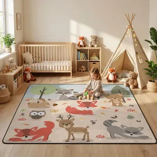ALALAL Cartoon Waldtiere Teppich, niedlicher Wald, Hirsch, Kaninchen, Bär, Fuchs, Eule, Vogelteppiche für Kinderzimmer, Kinderzimmer, Mädchenzimmer, Spielzimmer, Wohnzimmer, 1.5 mx1.8 m, Rosa