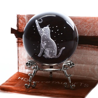 ZEERSHEE 3D-Glaskugel mit Lasergravur, Katzenkugel mit Ständer, Kristall-Katzenfigur mit Mondstern, 60 mm, Katzenkristallkugel, Briefbeschwerer, Katzengeschenke für Katzenliebhaber, Frauen